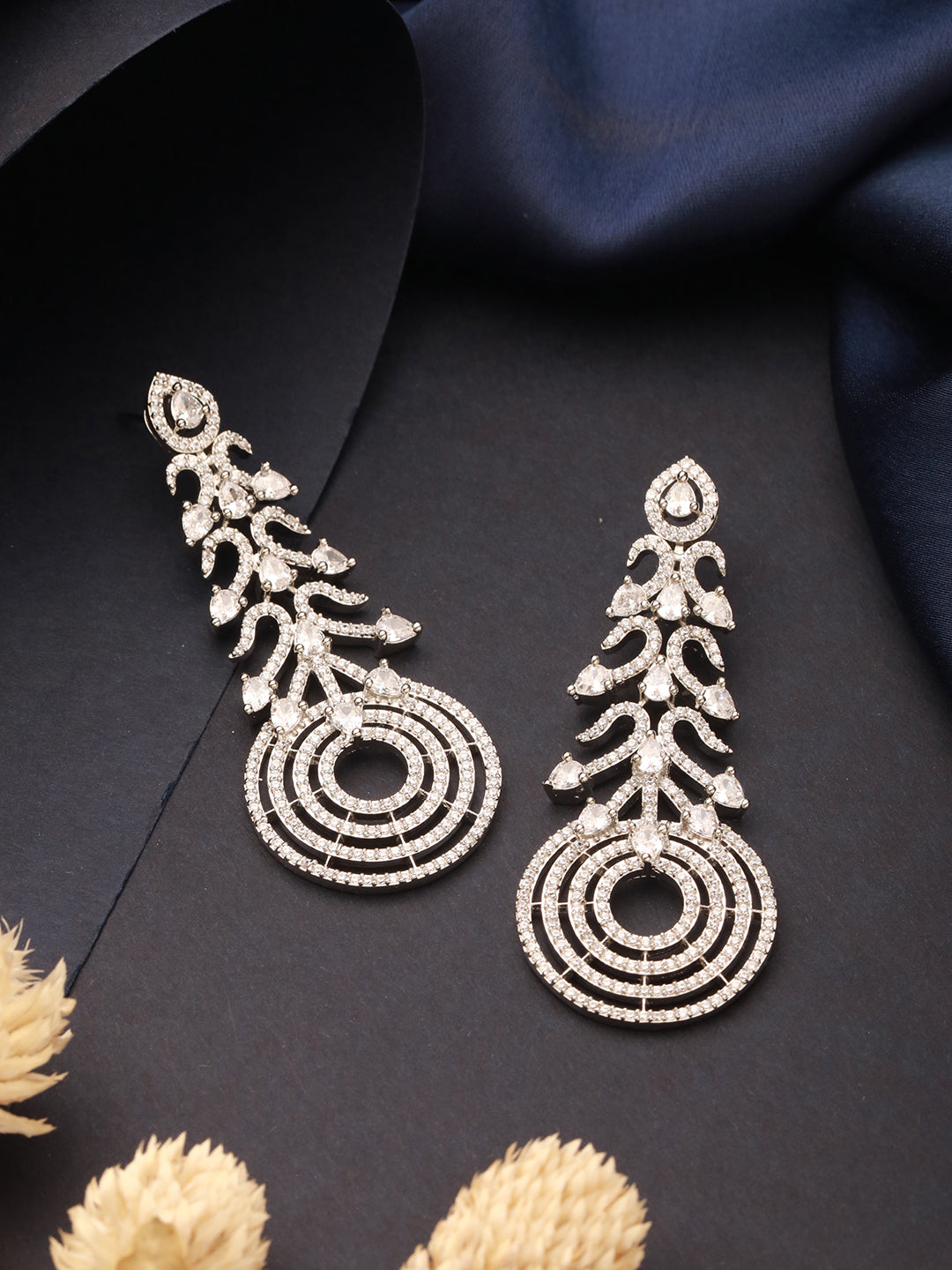 Silver Toned AD Zircon Studded Designer Spiral Long Earrings
